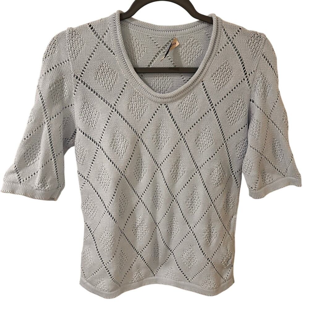 Estonia Natural Style Organic Diamond Knit Short Sleeve Sweater, Light Blue, S